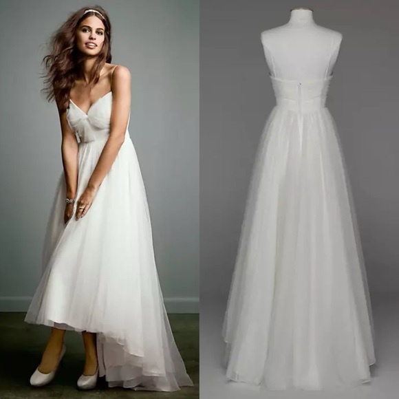 David's Bridal Dresses & Skirts - David’s Bridal Tulle over chiffon high low dress with bow accent